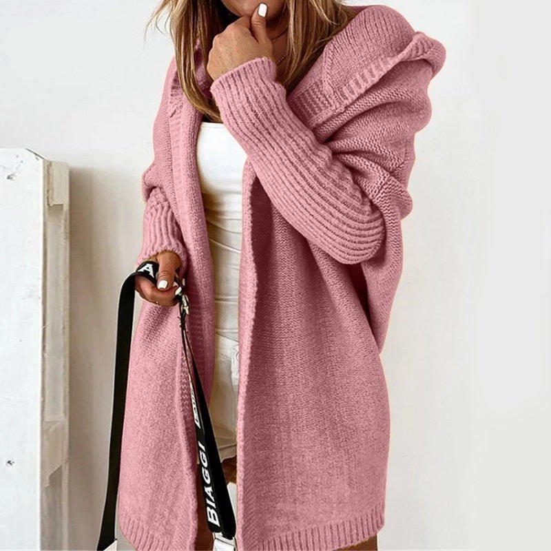 Cardigan long femme oversize à capuche et manches chauve-souris – CarriMax – Rose