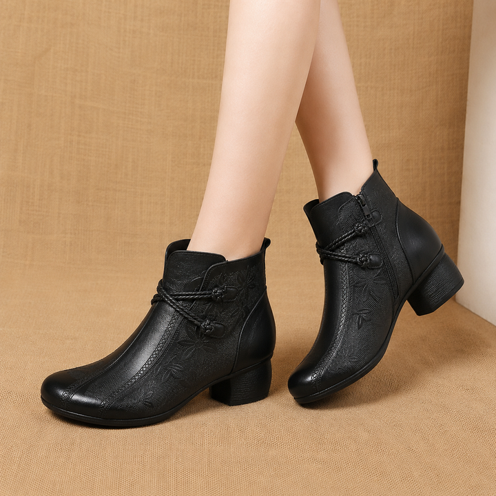 Bottines femme en cuir vegan à nœud feuille et talon bloc – Flora – Noir
