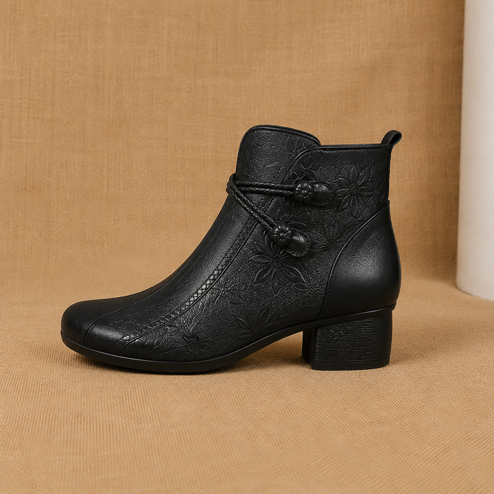 Bottines femme en cuir vegan à nœud feuille et talon bloc – Flora – vue 2