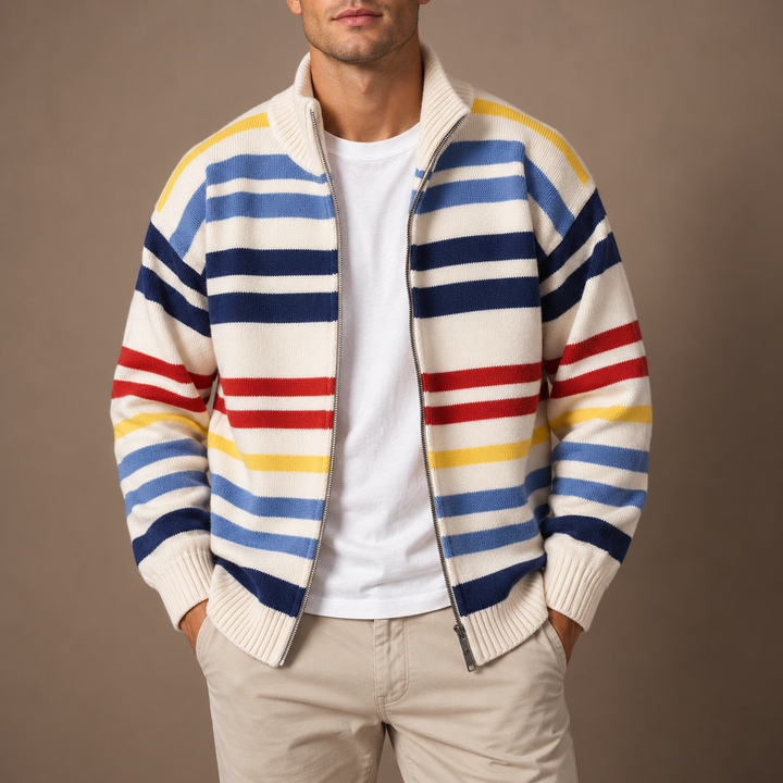 Gilet zippé homme en maille rayée à col montant – Théo - Écru