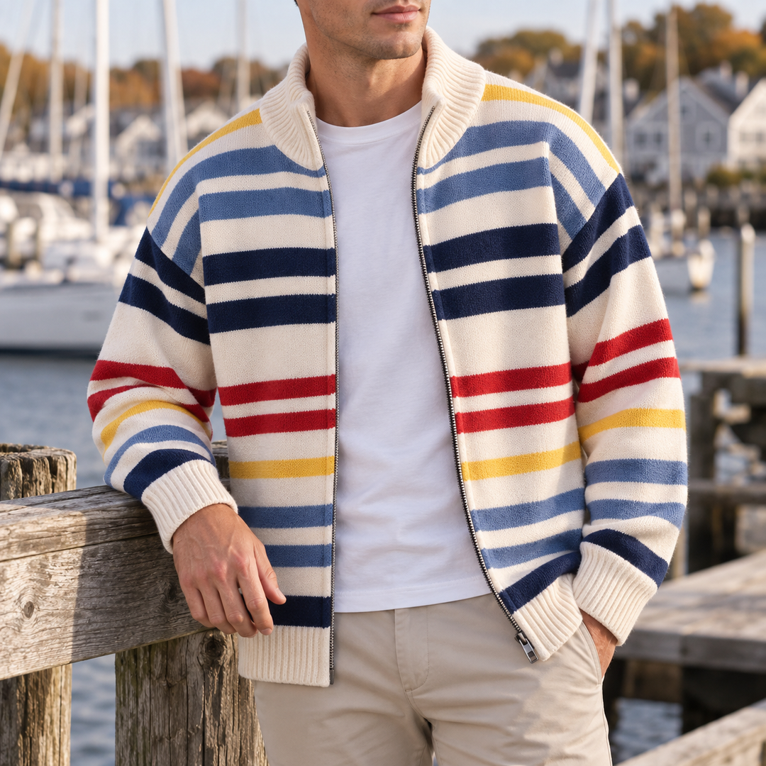 Gilet zippé homme en maille rayée à col montant – Théo - vue 7