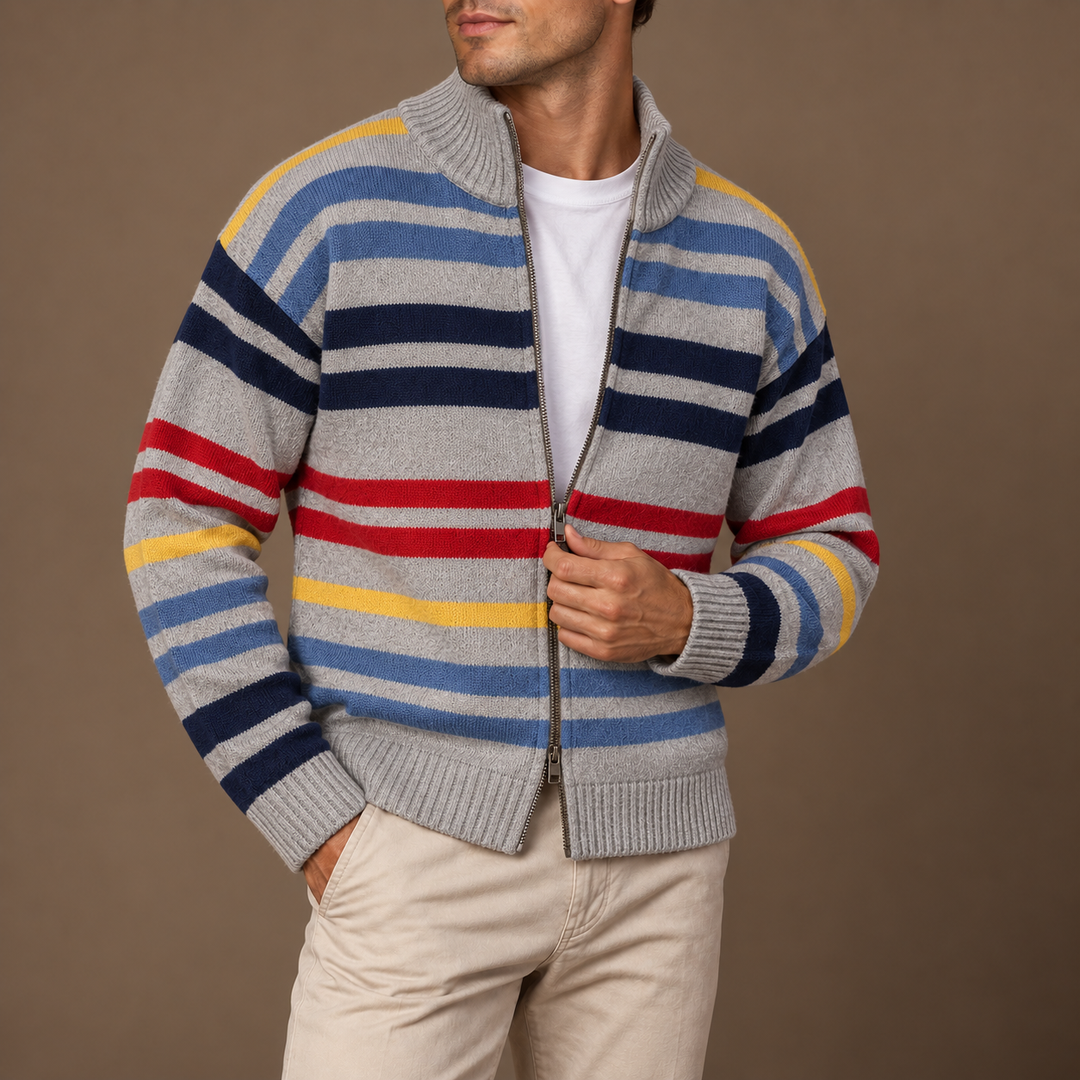 Gilet zippé homme en maille rayée à col montant – Théo - Gris chiné