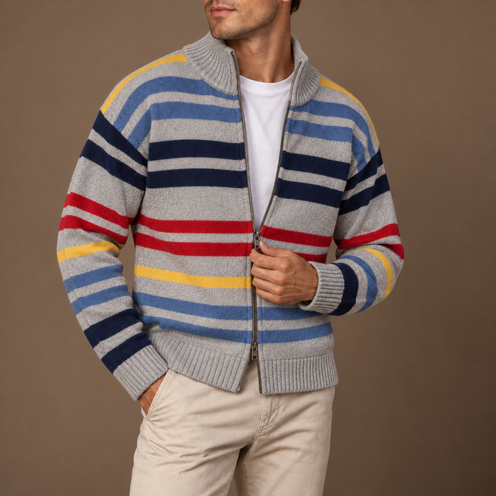 Gilet zippé homme en maille rayée à col montant – Théo - Gris chiné
