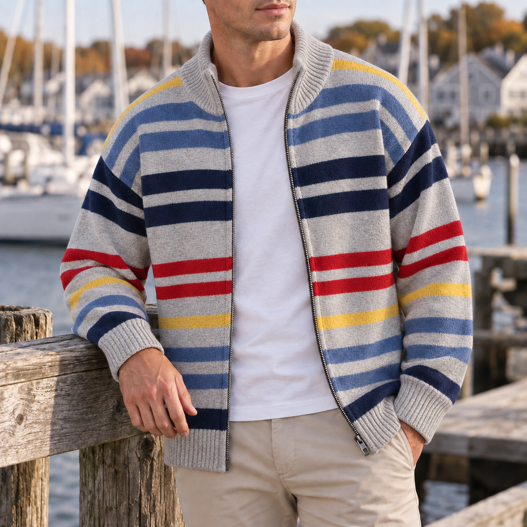 Gilet zippé homme en maille rayée à col montant – Théo - vue 9