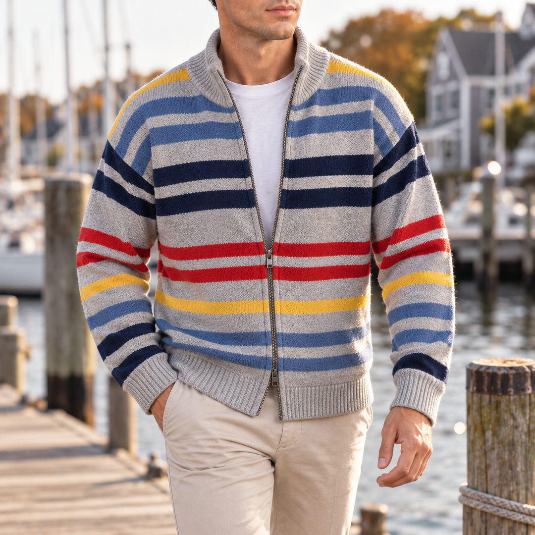 Gilet zippé homme en maille rayée à col montant – Théo - vue 10