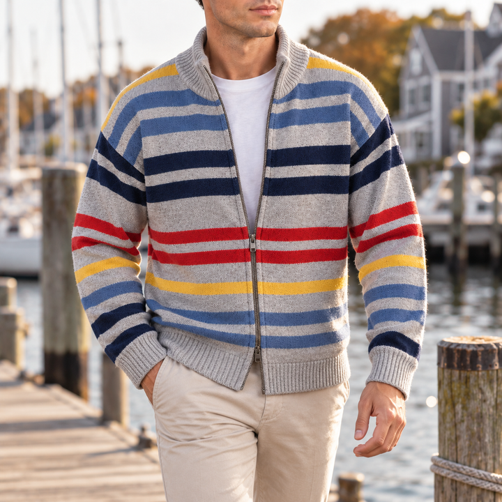 Gilet zippé homme en maille rayée à col montant – Théo - vue 10