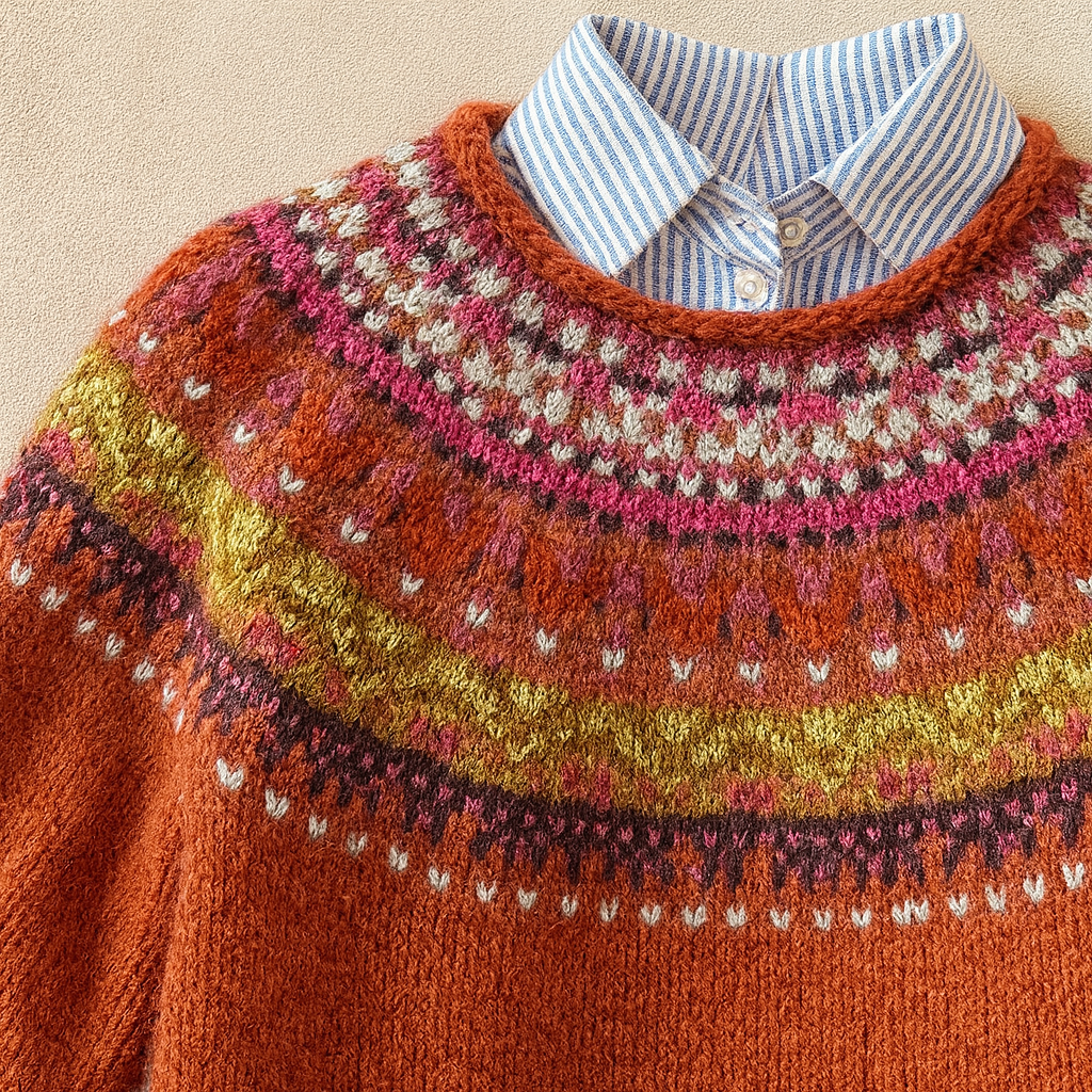 Pull femme jacquard nordique à empiècement rond en maille douce – Agathe - vue 1