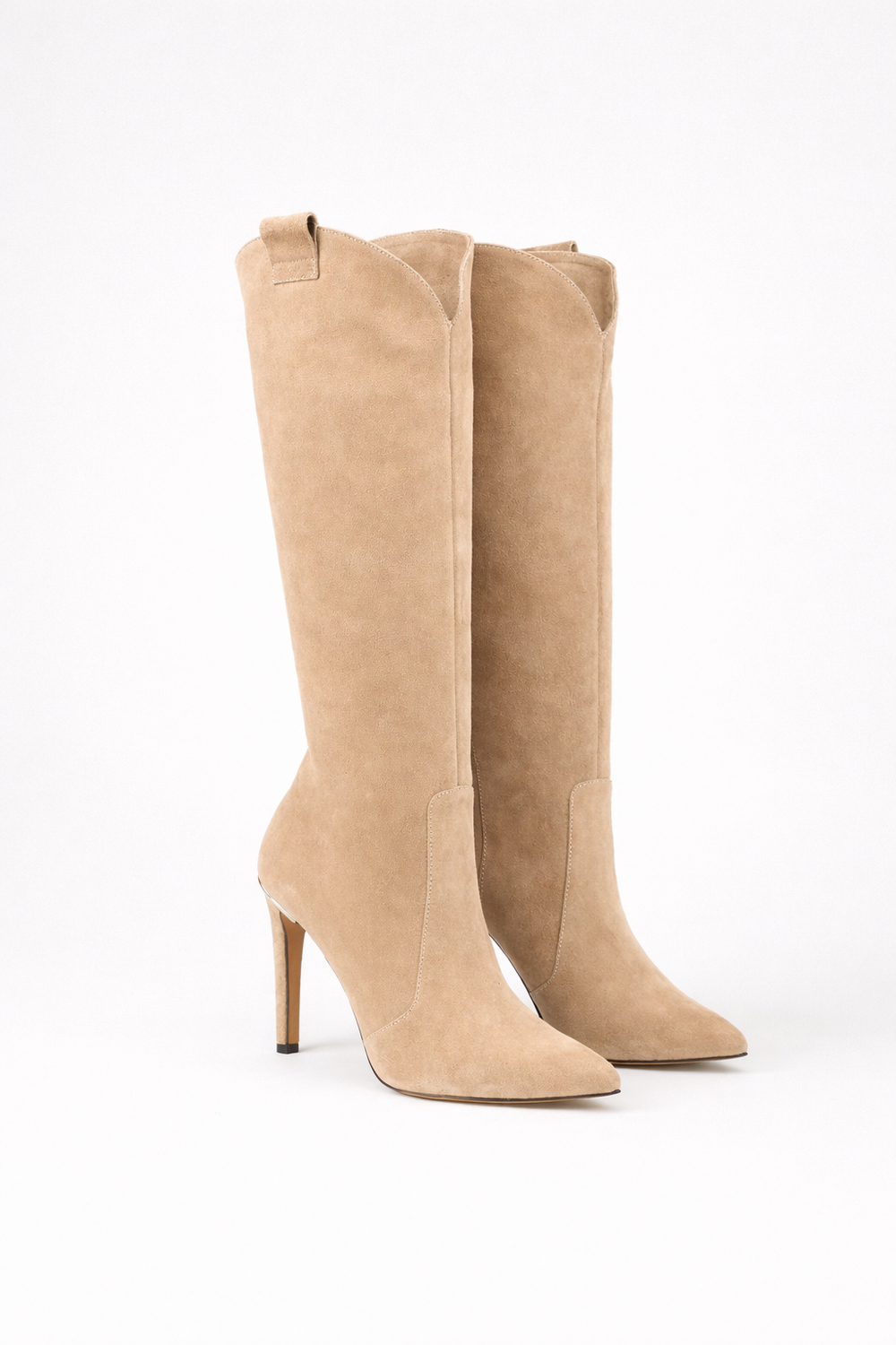 Bottes hautes femme à talon aiguille et bout pointu – Céleste – Beige