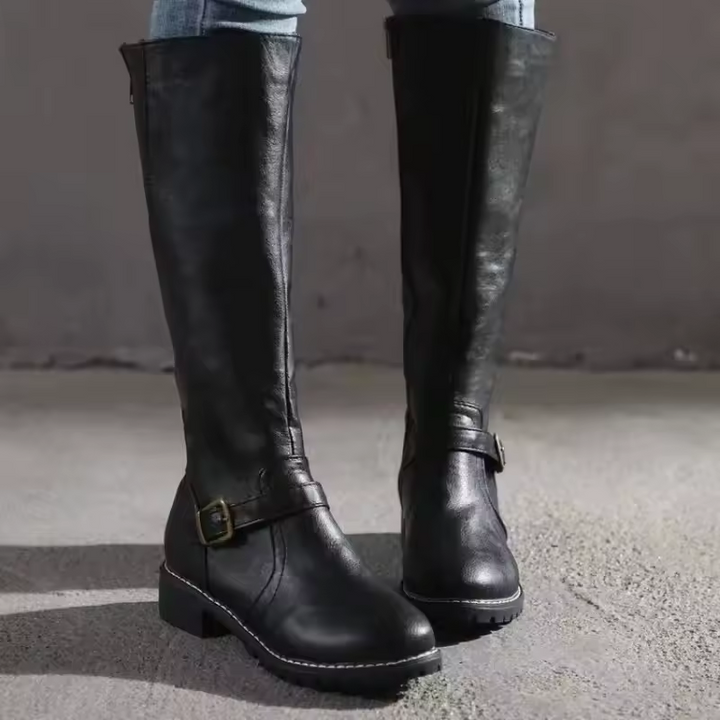 Bottes hautes femme classiques en cuir vegan à bride et talon bloc – Agathe – Noir