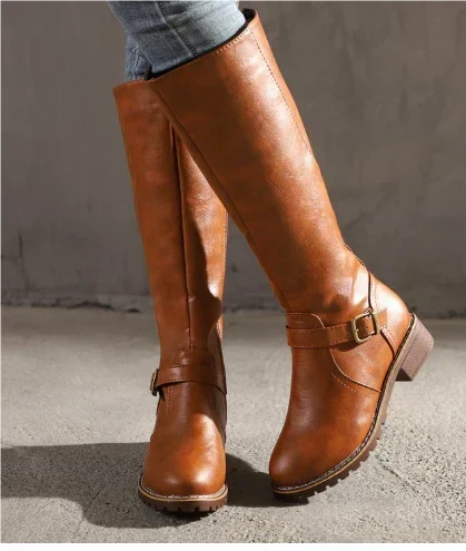 Bottes hautes femme classiques en cuir vegan à bride et talon bloc – Agathe – vue 5