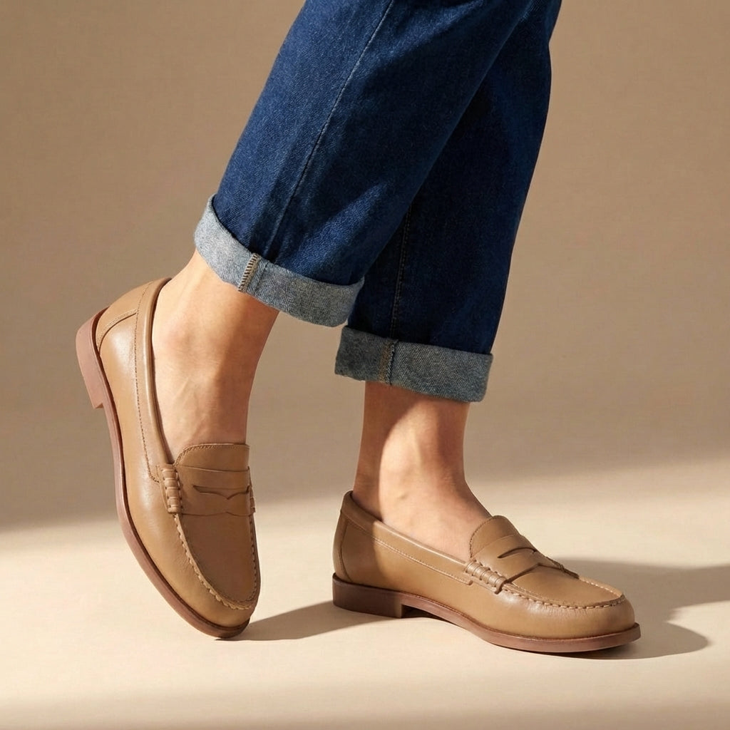 Mocassins penny femme en cuir à coutures mocassin – Blanche – Kaki