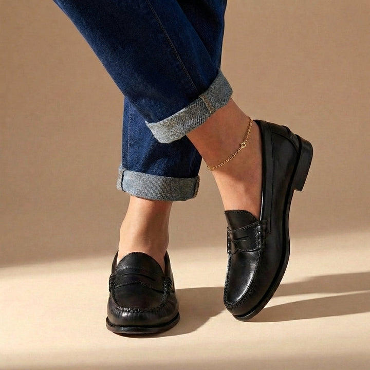 Mocassins penny femme en cuir à coutures mocassin – Blanche – Noir