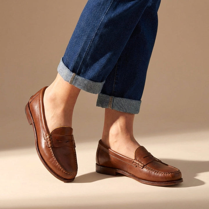 Mocassins penny femme en cuir à coutures mocassin – Blanche – Marron