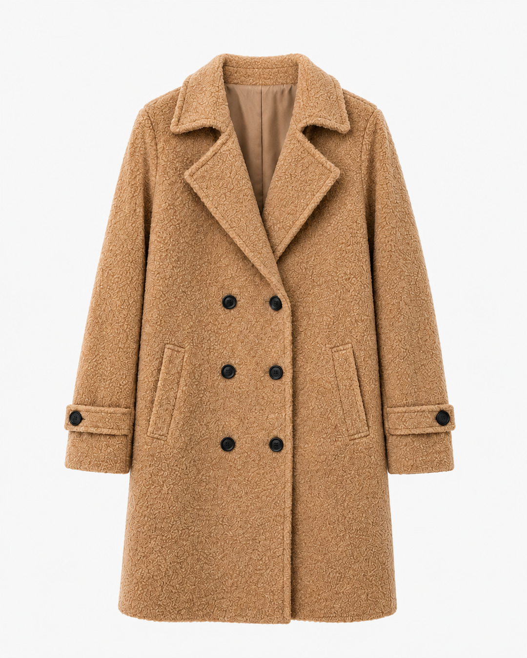 Manteau croisé femme effet bouclette doublé coupe droite – Anouk - Camel