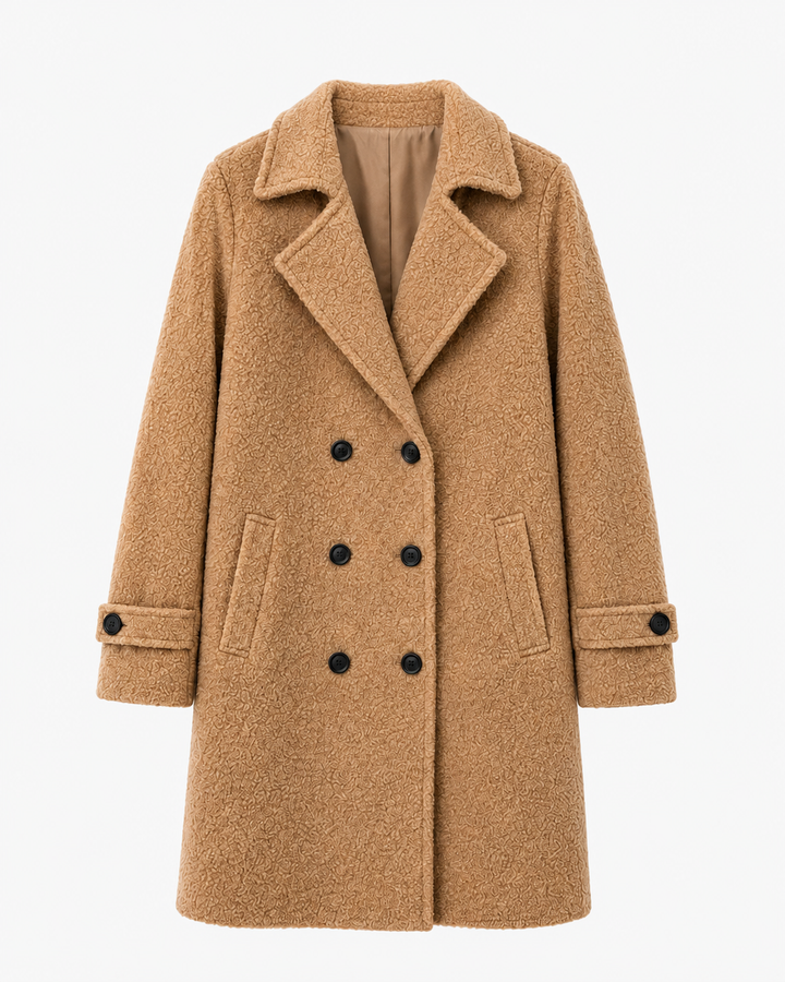 Manteau croisé femme effet bouclette doublé coupe droite – Anouk - Camel