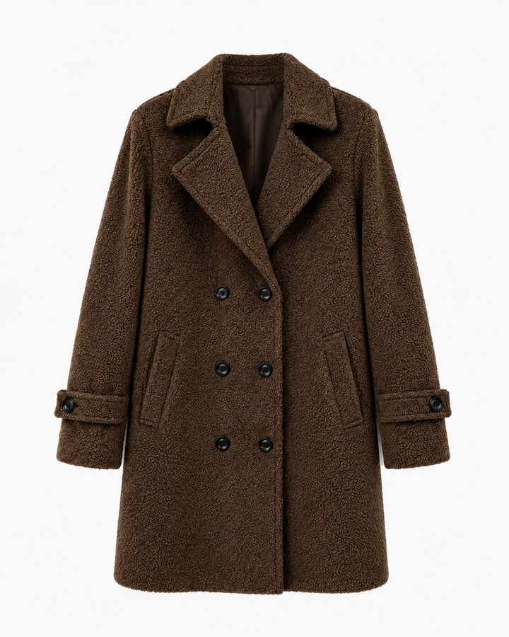 Manteau croisé femme effet bouclette doublé coupe droite – Anouk - Marron