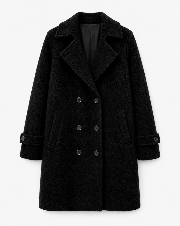 Manteau croisé femme effet bouclette doublé coupe droite – Anouk - Noir