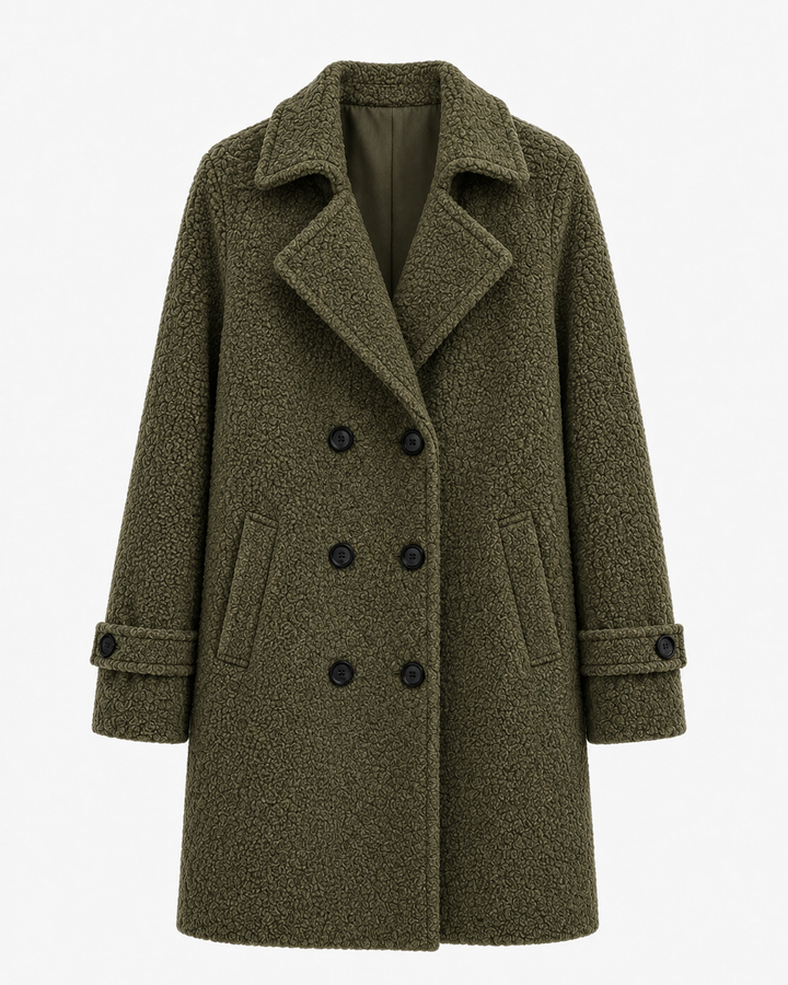 Manteau croisé femme effet bouclette doublé coupe droite – Anouk - Vert militaire