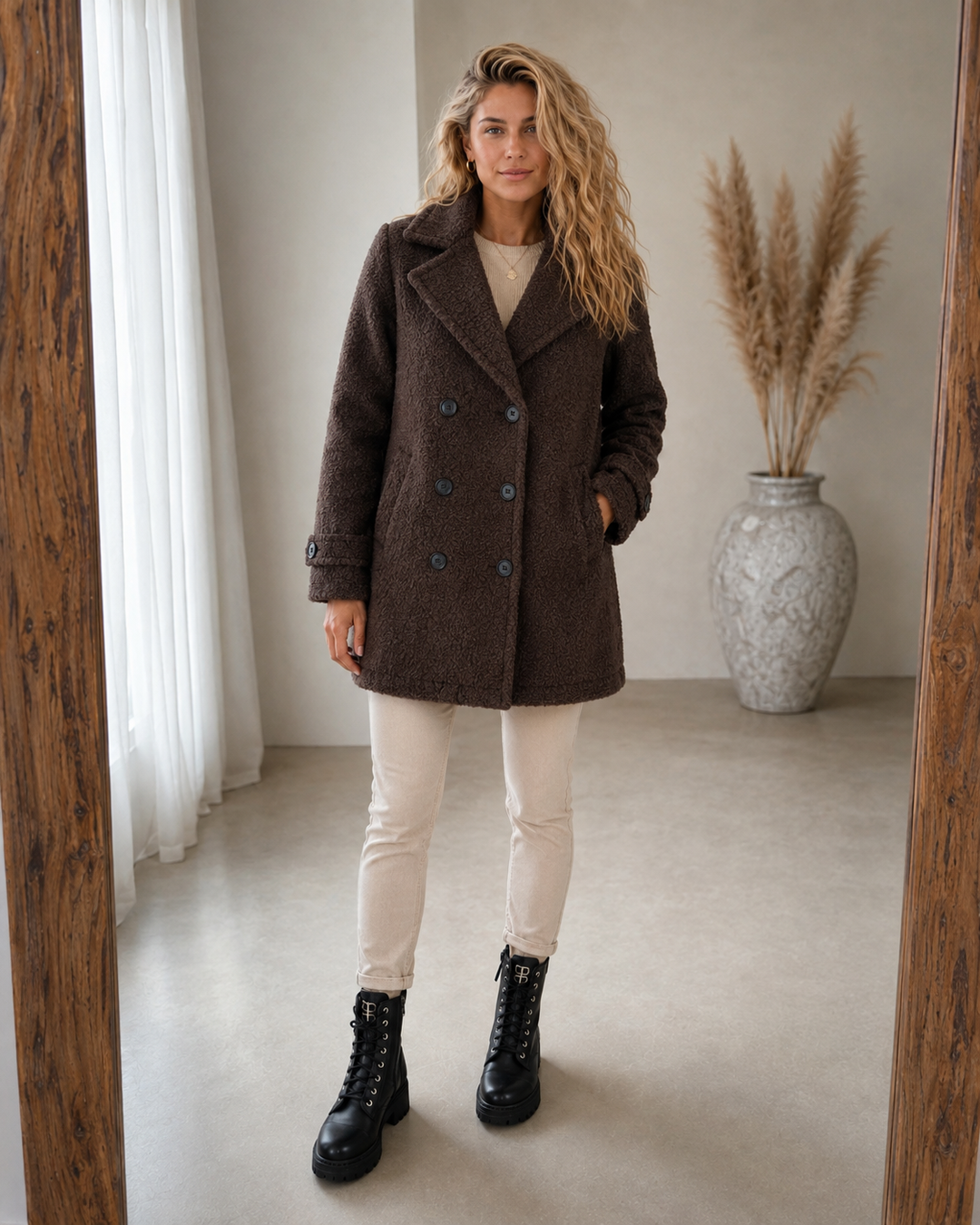 Manteau croisé femme effet bouclette doublé coupe droite – Anouk - vue 1