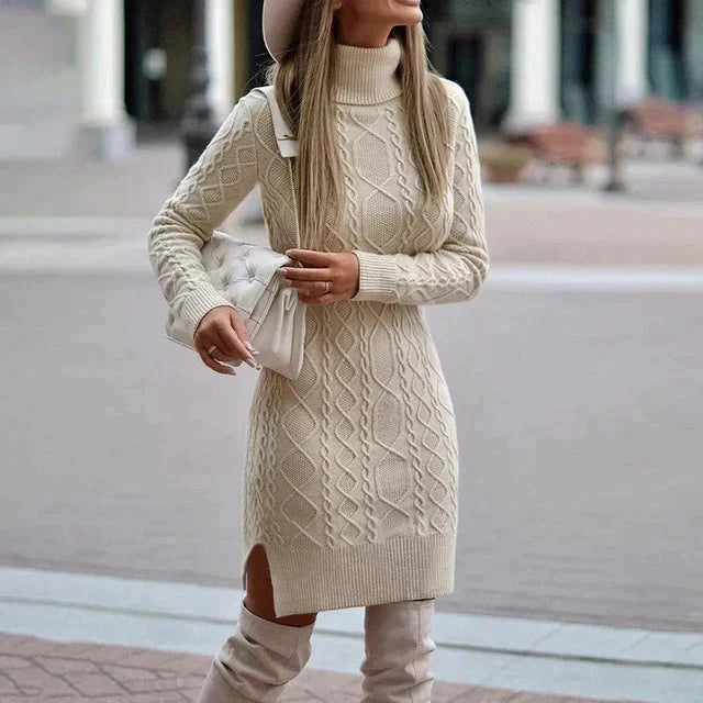 Robe pull femme élégante en maille pour l'hiver – Aline – Beige