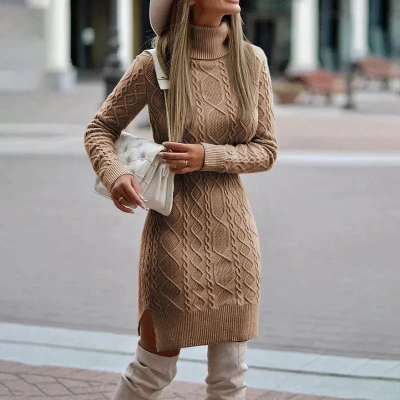 Robe pull femme élégante en maille pour l'hiver – Aline – Marron