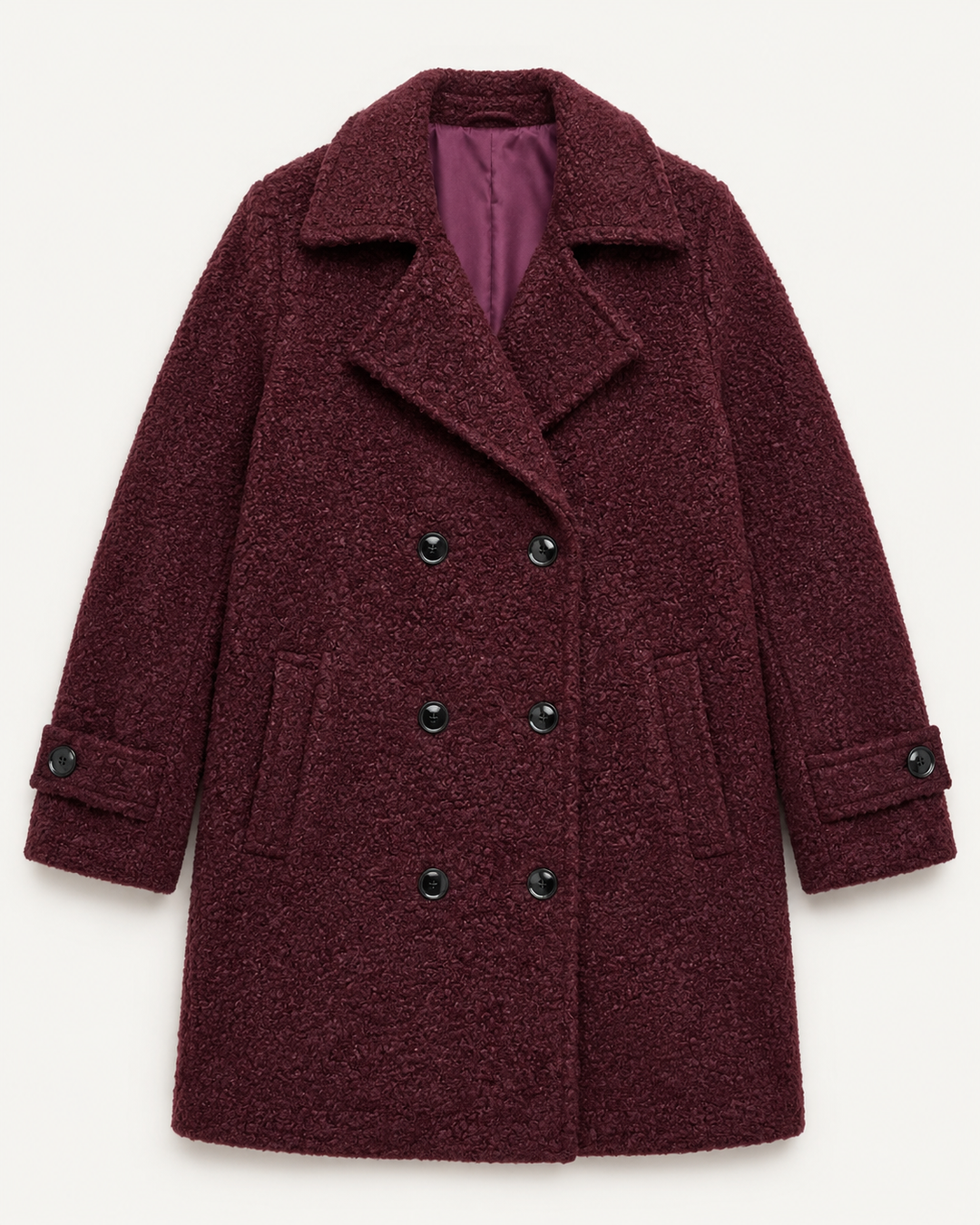 Manteau croisé femme effet bouclette doublé coupe droite – Anouk - Bordeaux