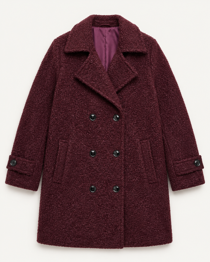 Manteau croisé femme effet bouclette doublé coupe droite – Anouk - Bordeaux