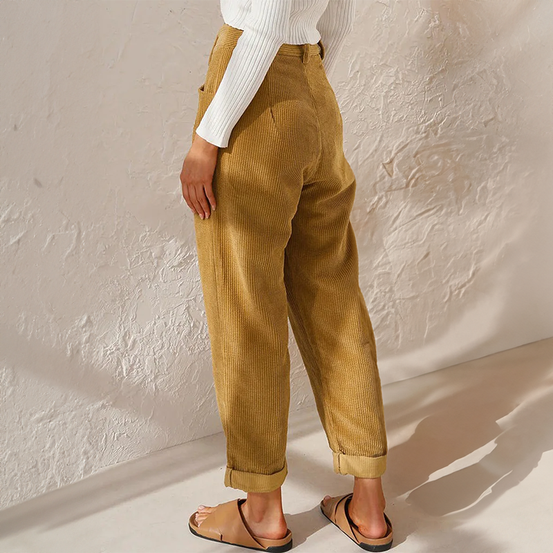Pantalon femme en velours côtelé taille haute à pinces – Pauline - vue 2
