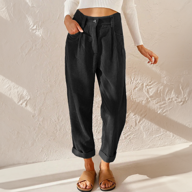 Pantalon femme en velours côtelé taille haute à pinces – Pauline - Noir