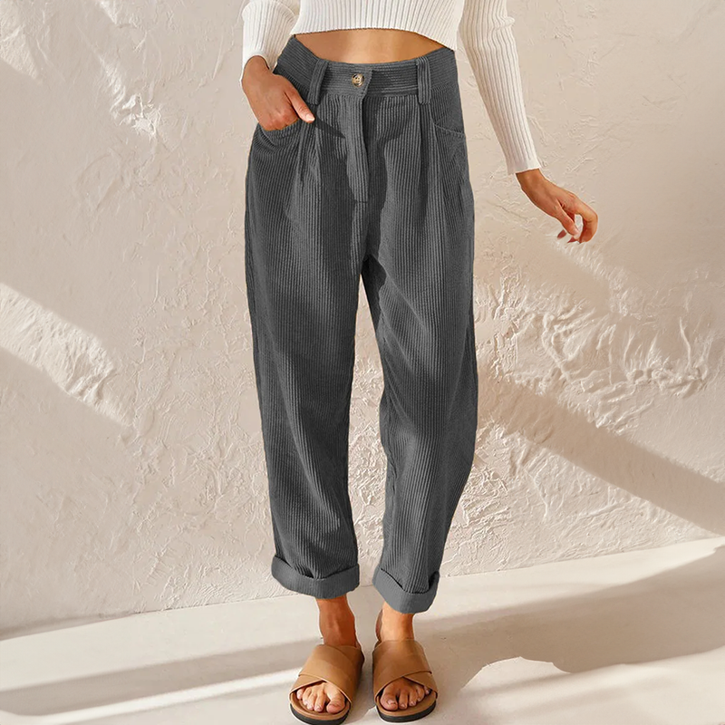 Pantalon femme en velours côtelé taille haute à pinces – Pauline - Gris