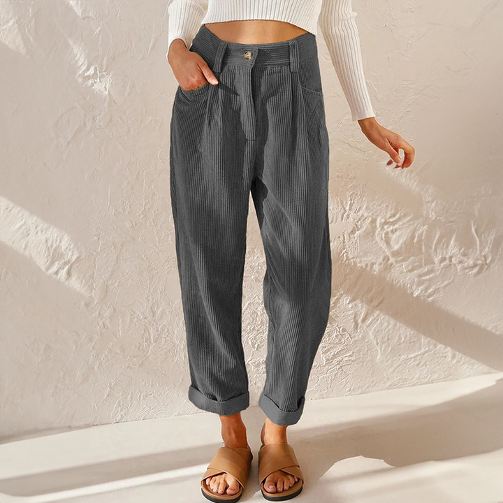 Pantalon femme en velours côtelé taille haute à pinces – Pauline - Gris