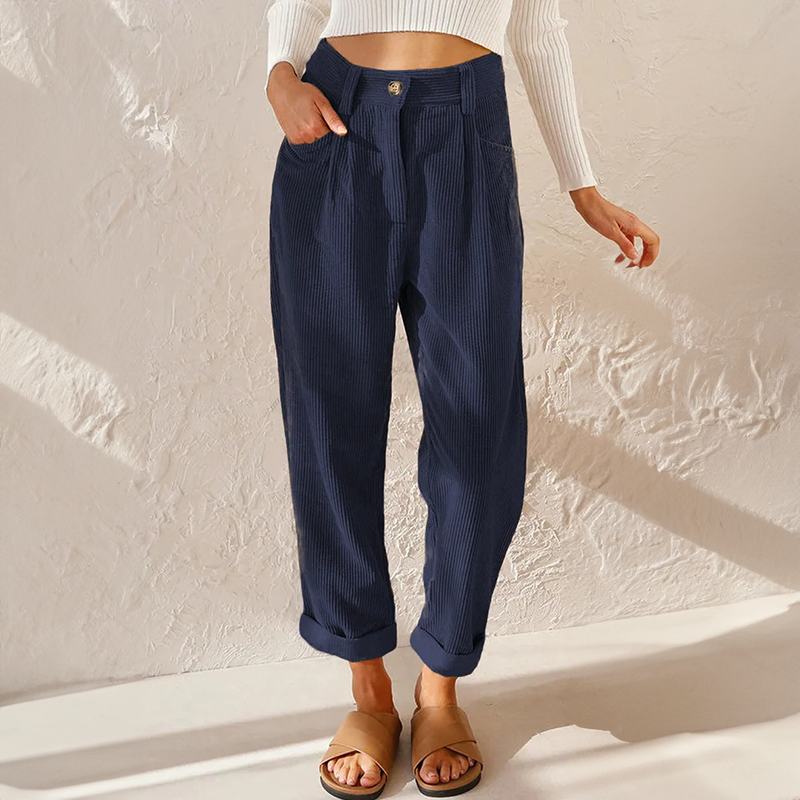 Pantalon femme en velours côtelé taille haute à pinces – Pauline - Bleu marine