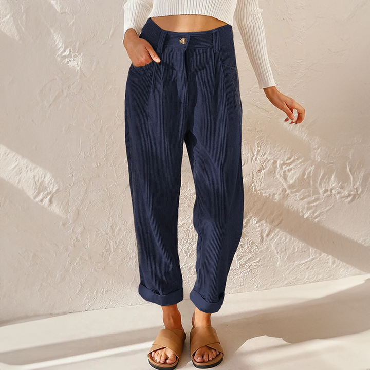 Pantalon femme en velours côtelé taille haute à pinces – Pauline - Bleu marine