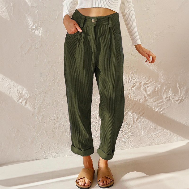 Pantalon femme en velours côtelé taille haute à pinces – Pauline - Vert