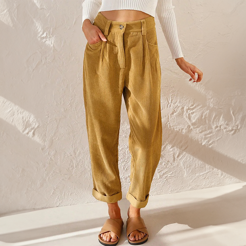 Pantalon femme en velours côtelé taille haute à pinces – Pauline - Moutarde