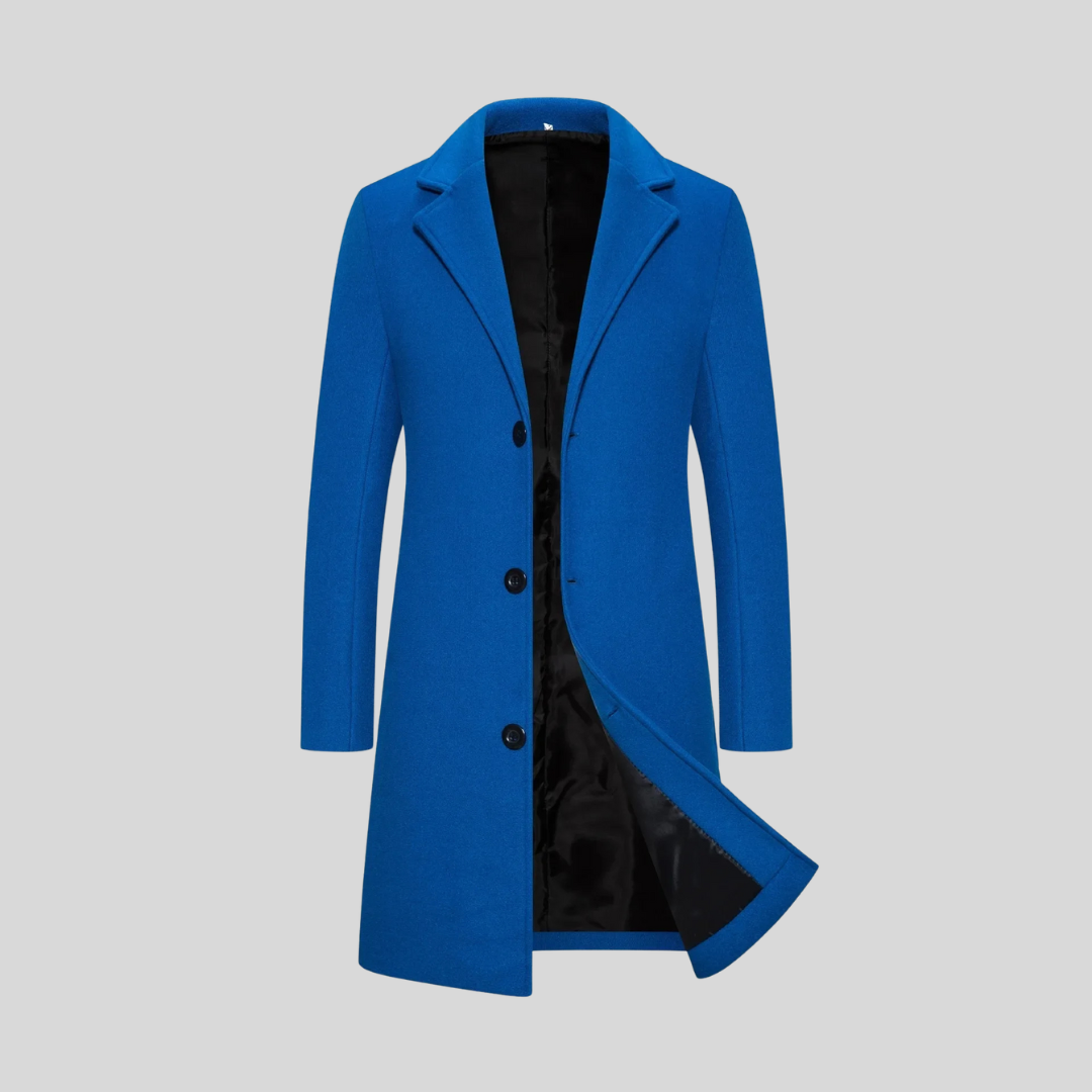 Manteau long homme élégant en laine à trois boutons – Augustin – Bleu roi