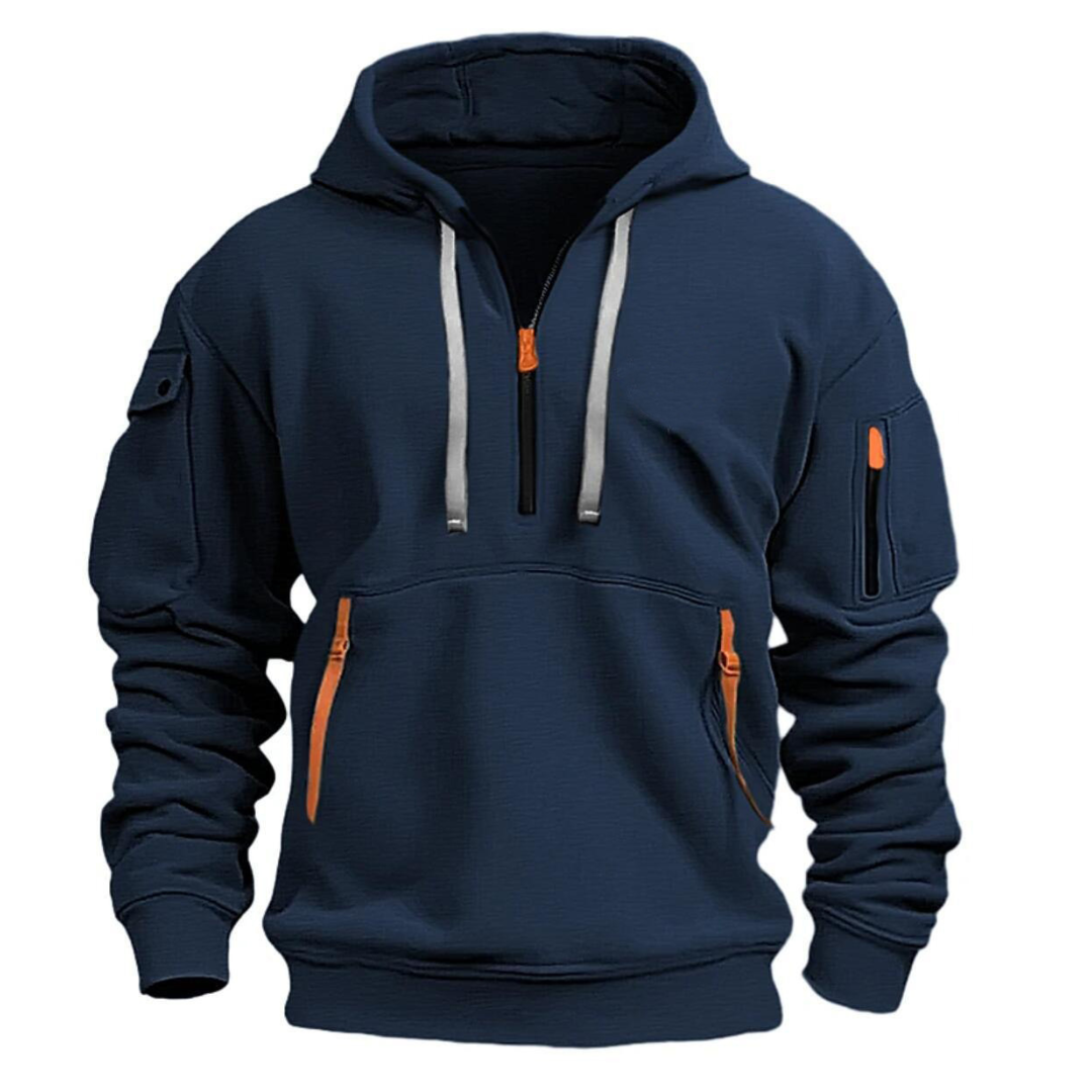 Sweat à capuche homme décontracté à poches zippées contrastées – Samuel – Bleu foncé
