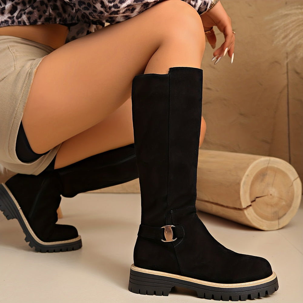 Bottes hautes plates femme en suédine à boucle et semelle crantée – Salomé – vue 2