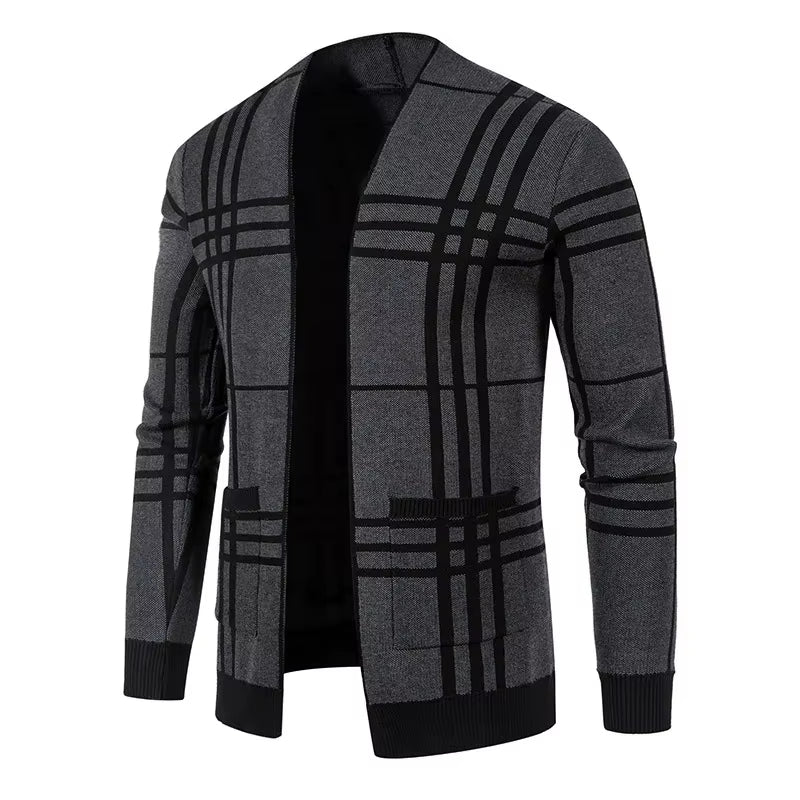 Cardigan homme en maille à carreaux ouvert à poches – Gaspard – Gris cendré