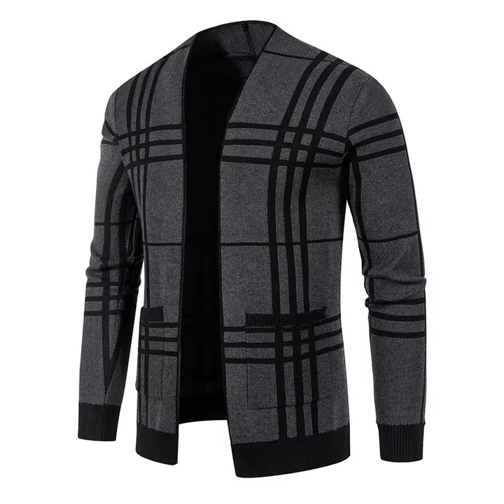 Cardigan homme en maille à carreaux ouvert à poches – Gaspard – Gris cendré