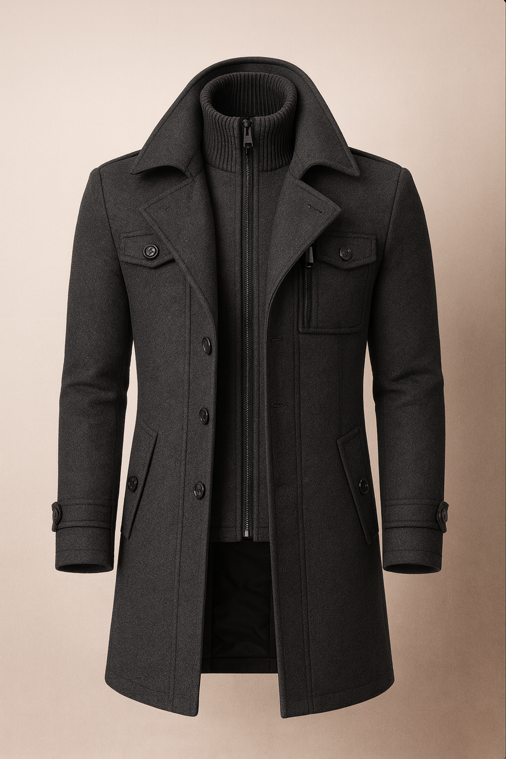 Manteau d'hiver homme long en laine mélangée à couche intérieure zippée – Constantin – Gris