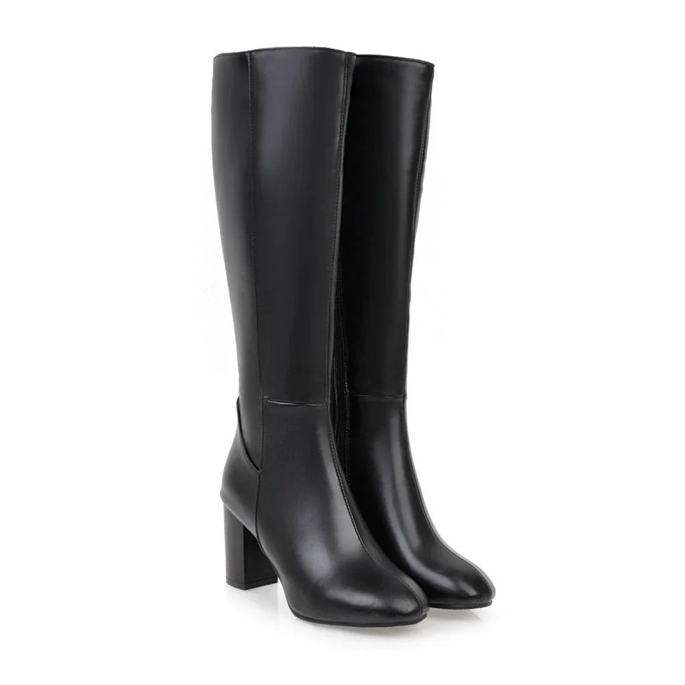 Bottes hautes femme en cuir vegan à talon bloc et zip latéral – Éléonore – Noir