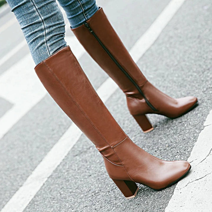 Bottes hautes femme en cuir vegan à talon bloc et zip latéral – Éléonore – vue 3