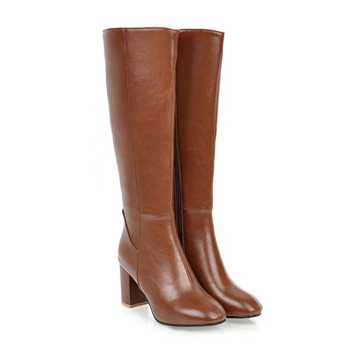 Bottes hautes femme en cuir vegan à talon bloc et zip latéral – Éléonore – Marron