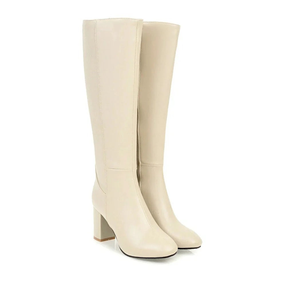 Bottes hautes femme en cuir vegan à talon bloc et zip latéral – Éléonore – Beige