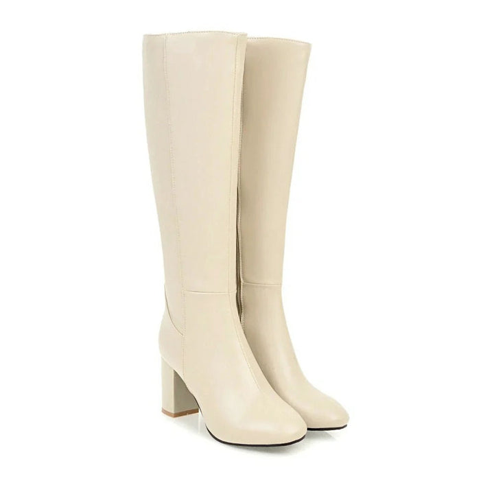 Bottes hautes femme en cuir vegan à talon bloc et zip latéral – Éléonore – Beige