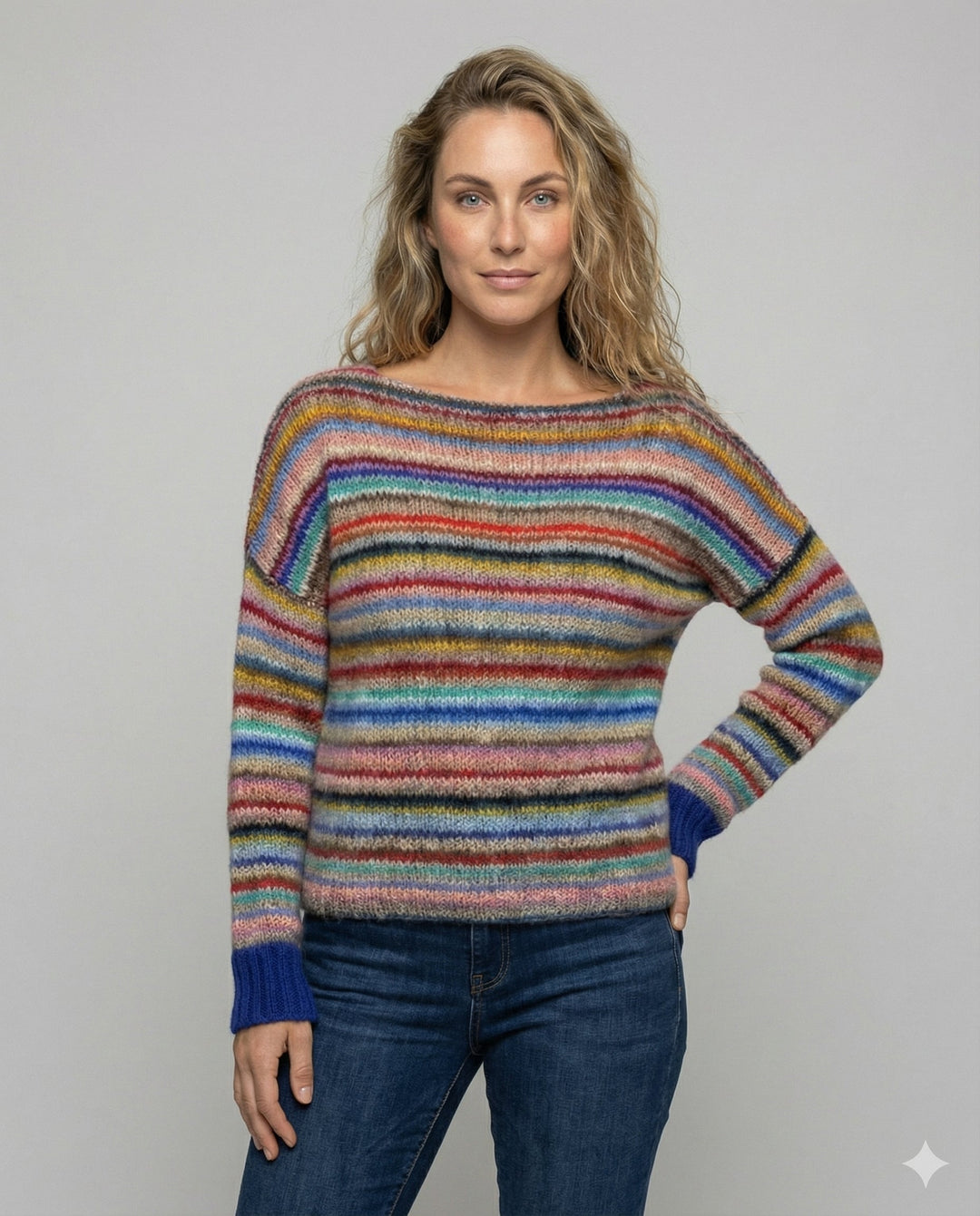 Pull femme rayé multicolore en maille douce à col bateau – Gaëlle - Multicolore