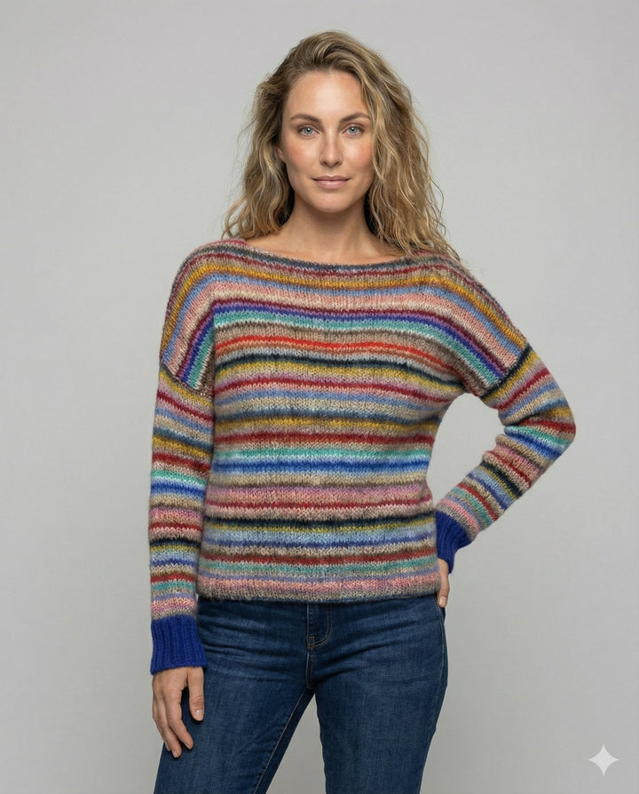 Pull femme rayé multicolore en maille douce à col bateau – Gaëlle - Multicolore