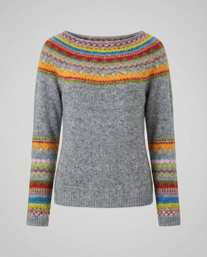 Pull femme rayé multicolore en maille douce à col bateau – Gaëlle - Gris multicolore