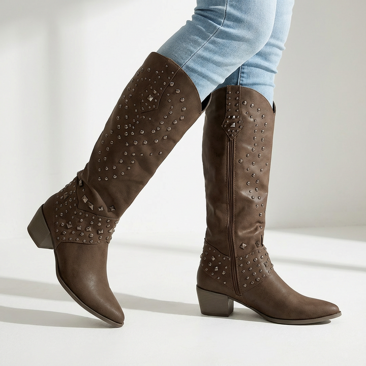 Bottes hautes femme à bout pointu et talon bloc moyen – Iris – Marron